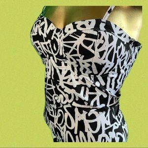 Graffiti Graphic Print Padded Bra Bodysuit Black White XL